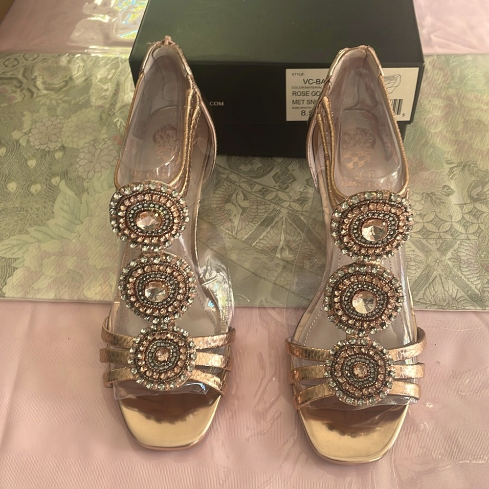 VinceCamuto  jeweled Rose Gold sandals 8 1/2 med zipper 2 1/2 in heel - new